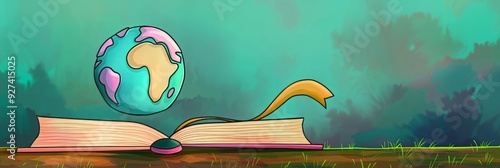 Atlas globe resting on open book representing worldwide education celebrating International Literacy Day, World Book Day, copy space banner illustration