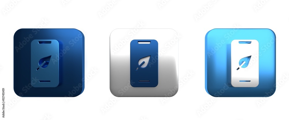Colorful Smartphone, mobile phone with leaf icon isolated on white background. Square button. 3D render illustration Colorful Smartphone, mobile phone with leaf icon isolated on white background. Square button. 3D render illustration