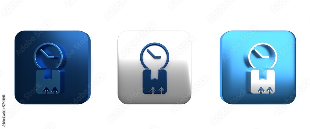 Colorful Carton cardboard box and fast time delivery icon isolated on white background. Box, package, parcel sign. Delivery and packaging. Square button. 3D render illustration Colorful Carton cardboard box and fast time delivery icon isolated on white background. Box, package, parcel sign. Delivery and packaging. Square button. 3D render illustration
