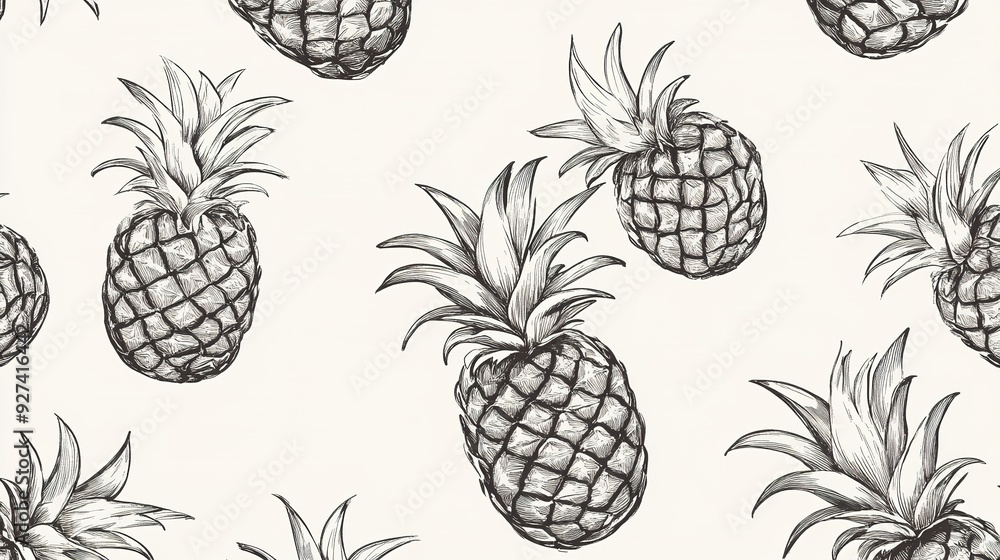 Hand-drawn pineapples pattern on a light background showcasing artistic design elements Hand-drawn pineapples pattern on a light background showcasing artistic design elements