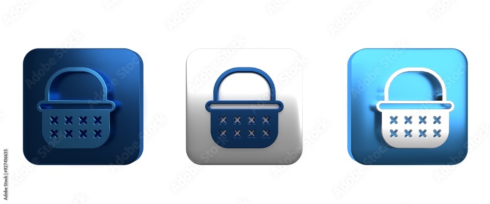 Colorful Wicker basket icon isolated on white background. Square button. 3D render illustration Colorful Wicker basket icon isolated on white background. Square button. 3D render illustration