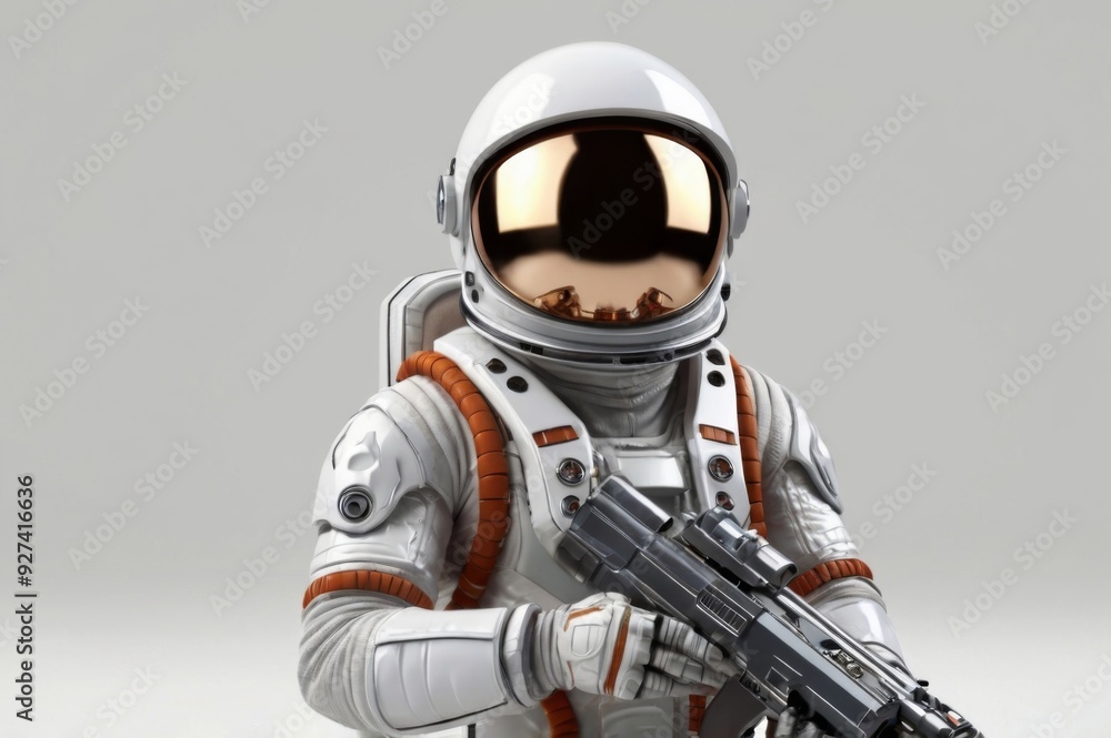 3D illustration of a futuristic astronaut with a helmet, holding a space gadget, isolated on white background 3D illustration of a futuristic astronaut with a helmet, holding a space gadget, isolated on white background