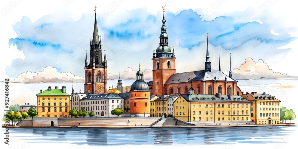 Fototapeta premium Ink sketch of Riddarholmen Church in Stockholm, Sweden, Riddarholmen Church, Stockholm, Sweden, historic, architecture, building