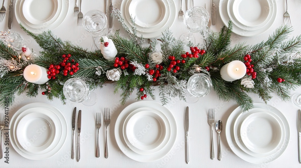 Elegant holiday dining table with natural decorations and white plates, set for a festive gathering in winter Elegant holiday dining table with natural decorations and white plates, set for a festive gathering in winter