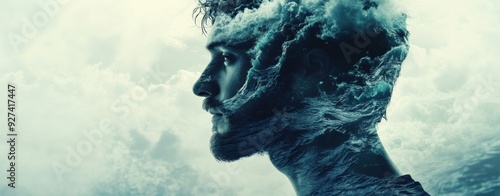 Drowned in Thought: A profile of a man, his head submerged in turbulent waves, creating a haunting and ethereal double exposure that evokes a profound sense of introspection. 
