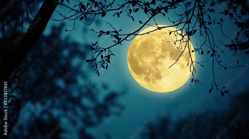 Naklejka premium Bright full moon shining through trees on a clear night