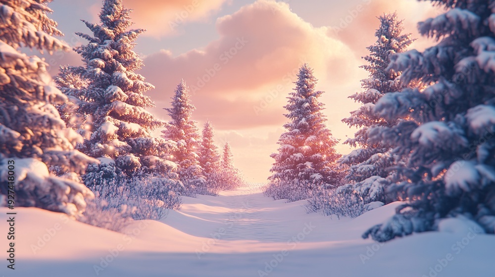 Snow-covered pathway through a forest at sunset with vibrant colors and towering evergreen trees Snow-covered pathway through a forest at sunset with vibrant colors and towering evergreen trees