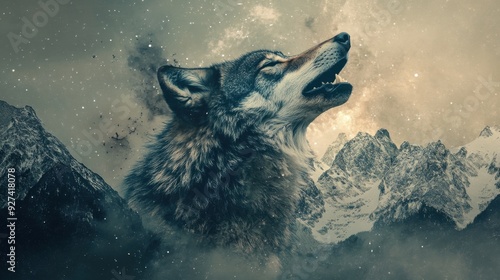 Wolf's Howl Under the Milky Way: A majestic wolf howls against a backdrop of snow-capped mountains and a swirling Milky Way galaxy, creating a powerful and evocative image. 