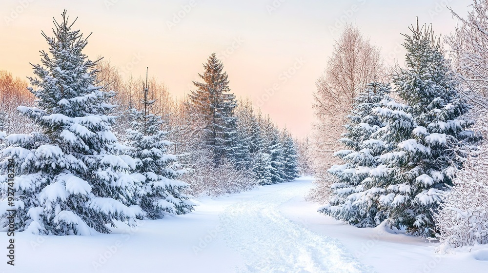 Fototapeta premium Snow-covered trees lining a serene winter pathway at dawn