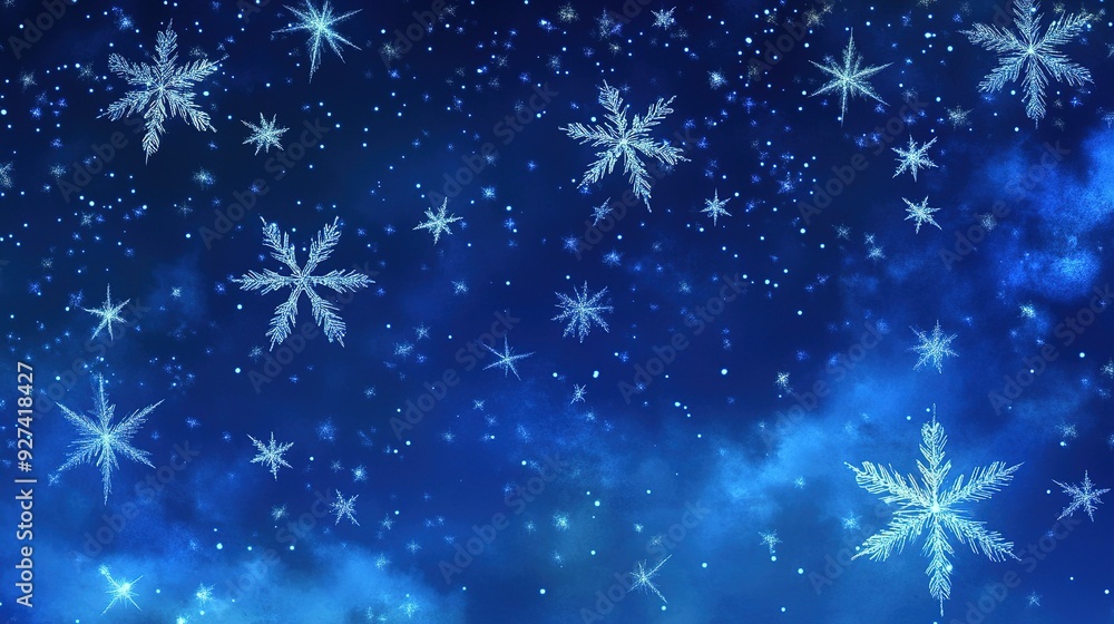 Snowflakes gently falling against a dark blue night sky filled with stars in winter Snowflakes gently falling against a dark blue night sky filled with stars in winter