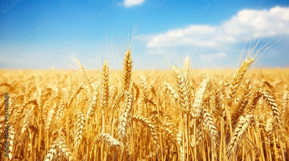 A golden wheat field under a blue sky with fluffy clouds. A golden wheat field under a blue sky with fluffy clouds.