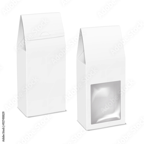 White blank cardboard gable top box with clear plastic window. Front and back isolated. Realistic 3d vector mock-up. Paper gift bag packaging. Mockup. Template for design