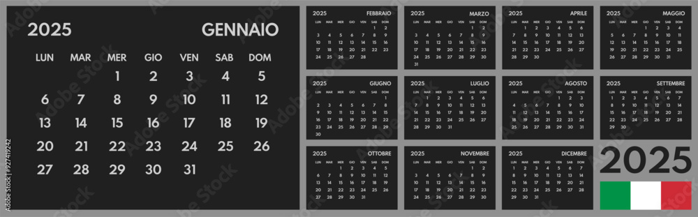 2025 year monthly office planner, calendar starts monday, two red weekends, black background, italian months name 2025 year monthly office planner, calendar starts monday, two red weekends, black background, italian months name