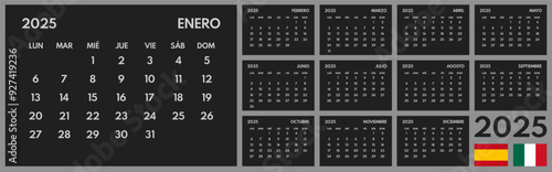 2025 year monthly office planner, calendar starts monday, two red weekends, black background, spanish months name