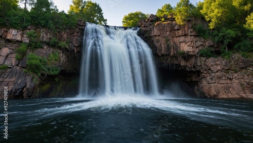 a waterfall that falls into the lake