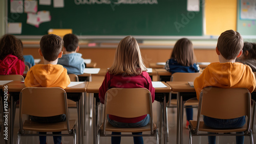 A group of students sit quietly at their desks, focused on the lesson ahead, with the chalkboard in the background.