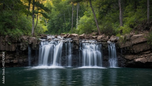 a waterfall that falls into the lake