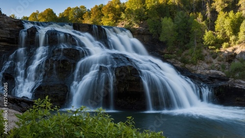 a waterfall that falls into the lake