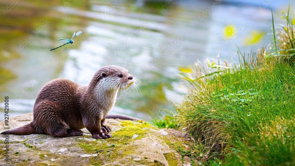 Baby Otter Watches Dragonflies by the Riverbank on a Sunny Day Baby Otter Watches Dragonflies by the Riverbank on a Sunny Day