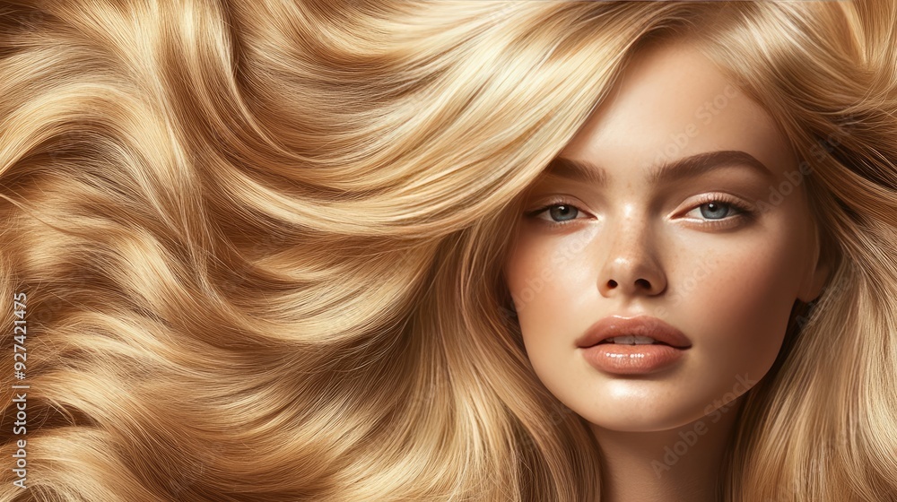 Close-up of glossy, wavy hair with soft curls, perfectly framing a woman face, creating a luxurious look. Close-up of glossy, wavy hair with soft curls, perfectly framing a woman face, creating a luxurious look.