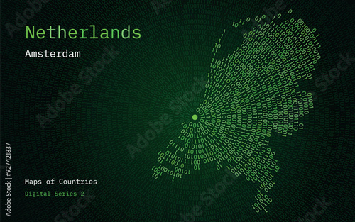 A map of Netherlands depicted in zeros and ones in the form of a circle. The capital, Amsterdam, is shown in the center of the circle	