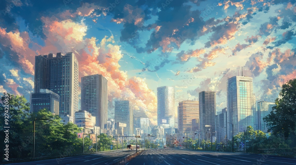 Naklejka premium Cityscape with Cloudy Sunset and Empty Road