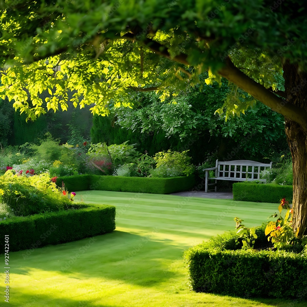 Fototapeta premium A serene, well-maintained lawn with neatly trimmed hedges, colorful flower beds, and a rustic wooden bench in the shade of a large, mature tree, all bathed in soft morning light