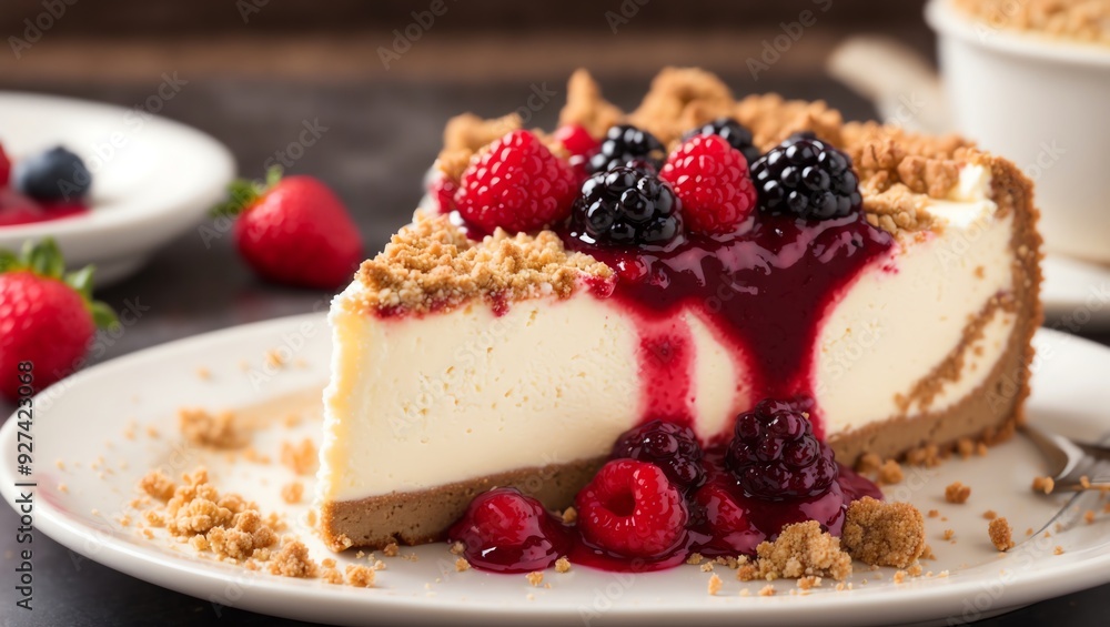 a slice of cheesecake with a crust, a red sauce and berries on top. a slice of cheesecake with a crust, a red sauce and berries on top.