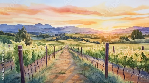 A scenic pathway through a vineyard at sunset with distant mountains.