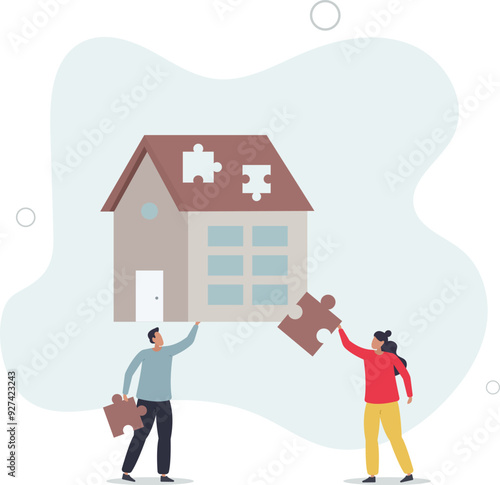 House assembly from donated materials for poor family .flat design with people.