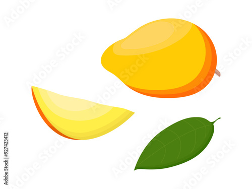 Mango fruit isolated on a white background. Vector illustration, icon of fruits. Whole and chopped mango in a hand-drawn style.