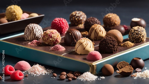 a variety of chocolates, some in a box and some scattered around