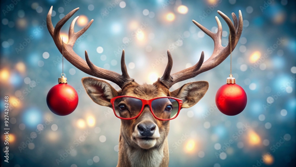 Christmas reindeer wearing sunglasses with Christmas ball hanging on horns Christmas reindeer wearing sunglasses with Christmas ball hanging on horns