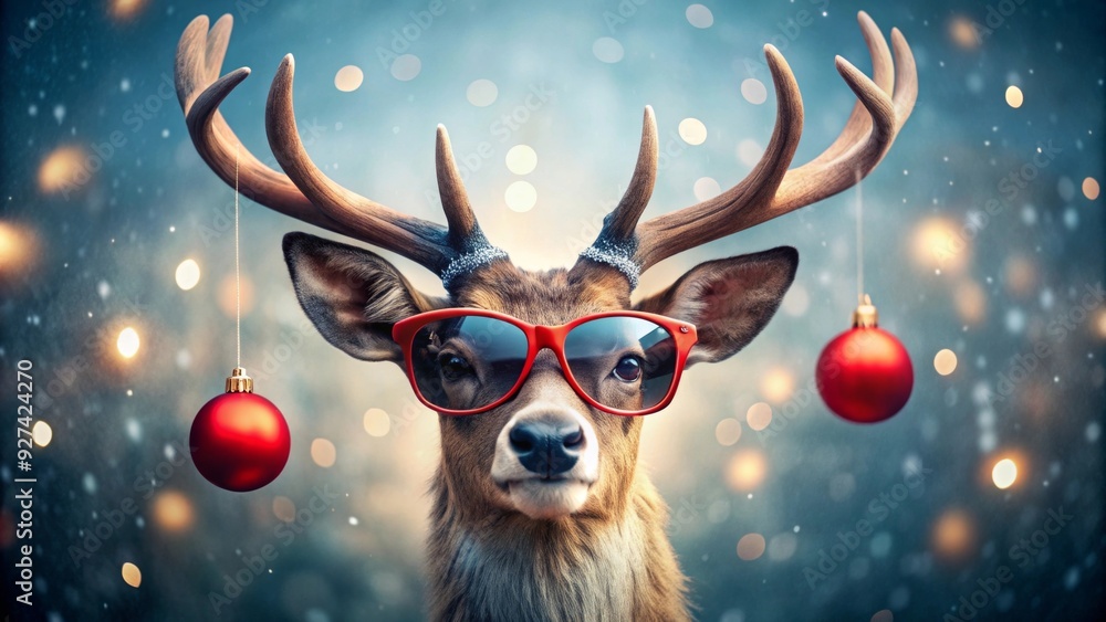 Christmas reindeer wearing sunglasses with Christmas ball hanging on horns Christmas reindeer wearing sunglasses with Christmas ball hanging on horns