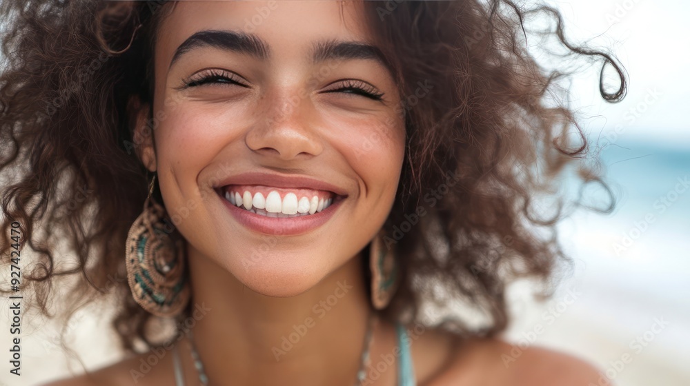 Close-up portrait of a smiling woman with curly brown hair and earrings Close-up portrait of a smiling woman with curly brown hair and earrings