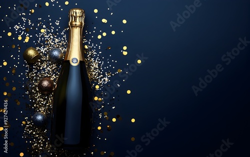 Champagne Bottle and Confetti on Blue Background