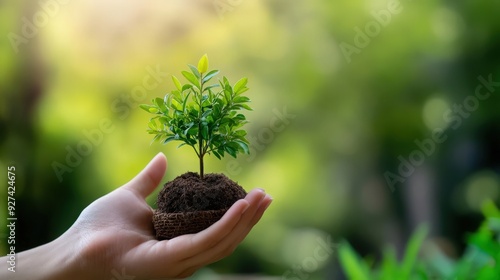 A hand gently holds a small tree seedling, symbolizing growth, nature, and environmental care in a lush green background.