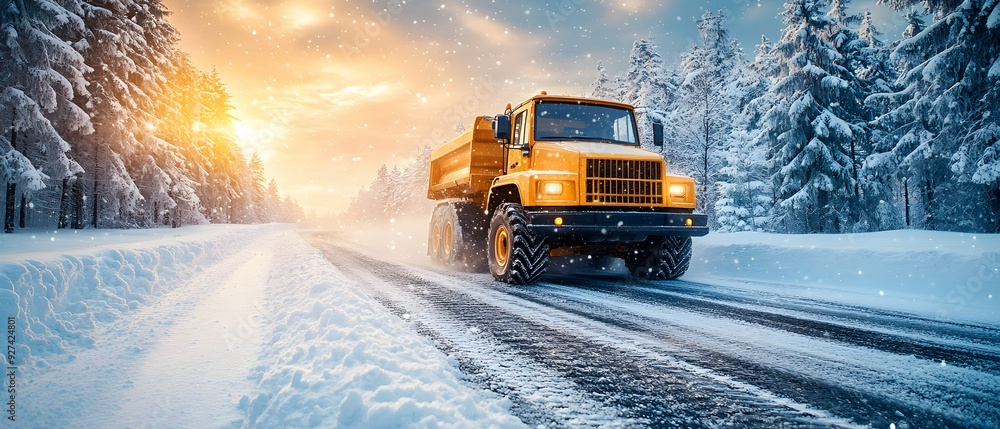 Yellow Dump Truck Clearing Snow on Snowy Road Yellow Dump Truck Clearing Snow on Snowy Road