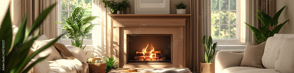 Warm and inviting living room interior with fireplace, plants, and neutral colors, perfect for relaxing and enjoying time with family and friends. Warm and inviting living room interior with fireplace, plants, and neutral colors, perfect for relaxing and enjoying time with family and friends.