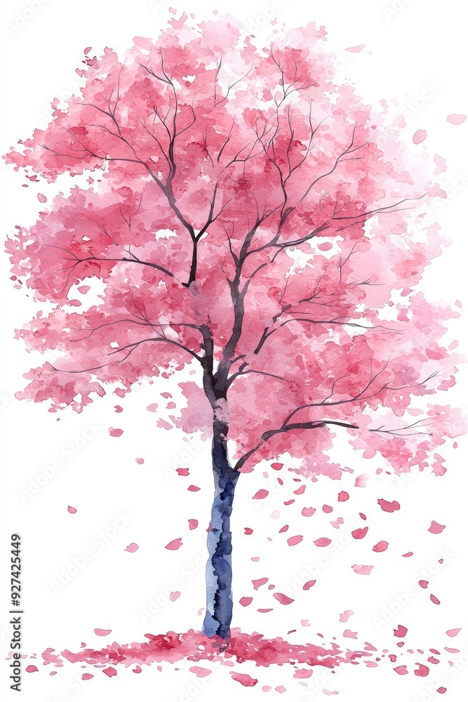 Watercolor Painting of a Pink Tree with Falling Petals Watercolor Painting of a Pink Tree with Falling Petals