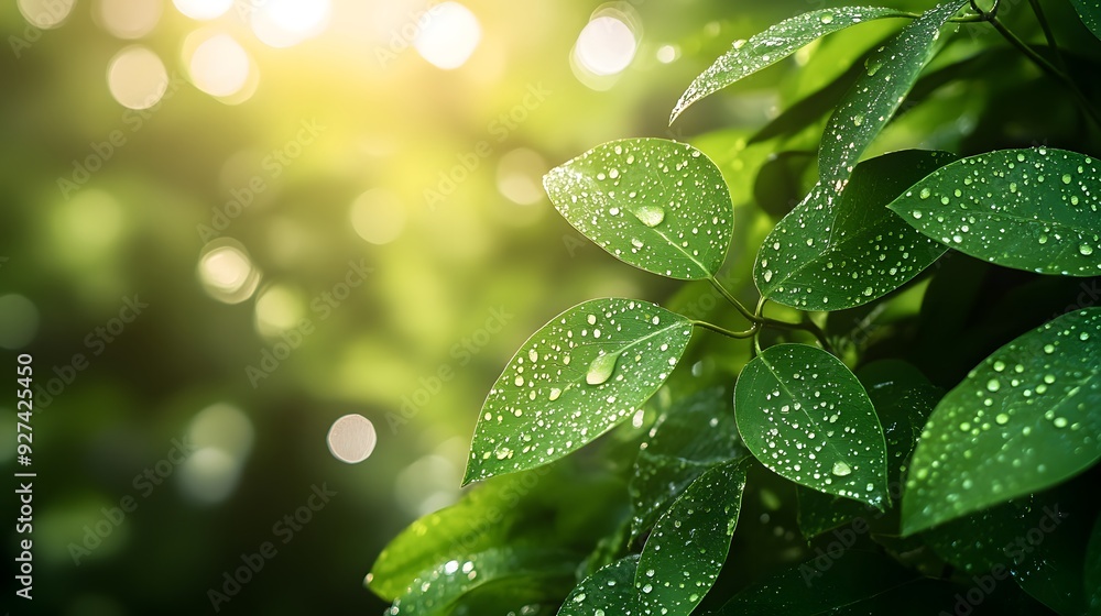 Fresh green leaves with raindrops, bright rainy day, soft focus background, sunlight filtering through leaves, bokeh effect, macro photography, high resolution, vivid colors, nature. Fresh green leaves with raindrops, bright rainy day, soft focus background, sunlight filtering through leaves, bokeh effect, macro photography, high resolution, vivid colors, nature.