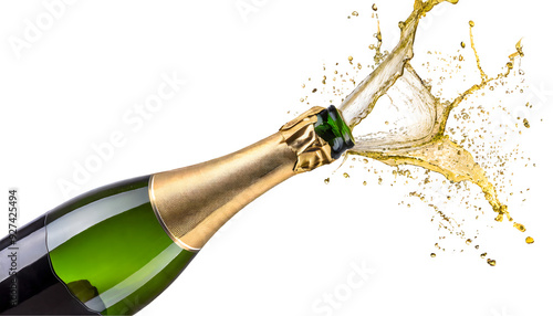 Bottle of champagne popping Splash on a white isolated background. Generative AI.