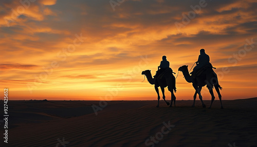 silhouettes of people riding camels in the desert