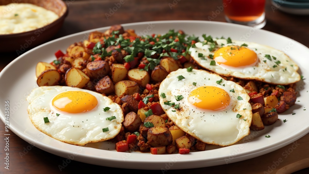 a breakfast dish with two fried eggs on top a breakfast dish with two fried eggs on top