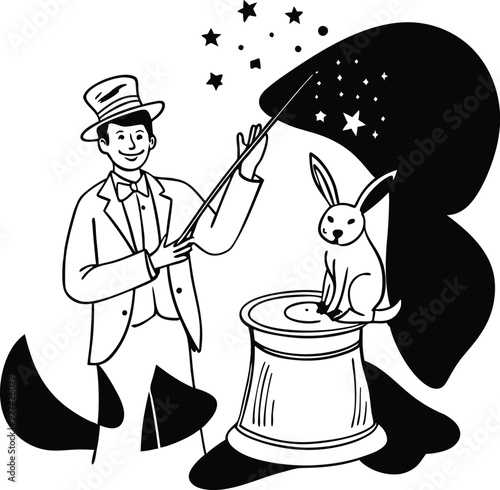 magician with rabbit and magic wand illustration