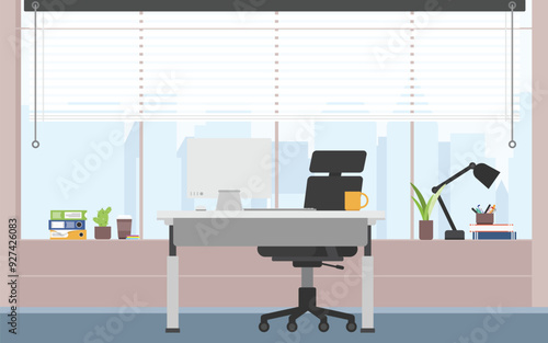 Working desk with computer for one people, Clean working space wide floor-to-ceiling window with city view, Office background with computer monitor and desk.