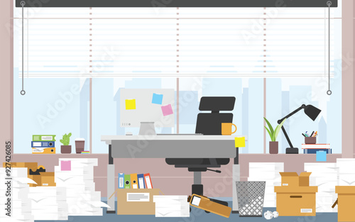 Chaos and mess working desk room for one people, Office background wide floor-to-ceiling window with city view,  Working space with a lot of documents piles and paper file binder.