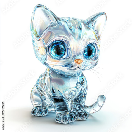 3D funny glass cat, isolated, on a white background. Design for a Christmas tree toy, souvenir, gift, decorative element, decoration. Illustration for printing on fabric, paper. photo