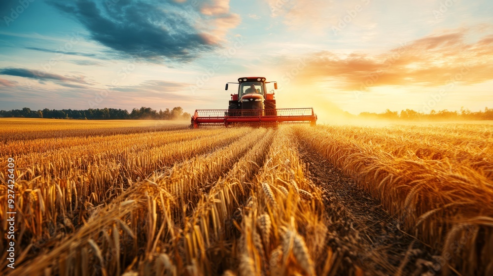 In a wheat field, a farmer observes the setting light. Take in the farmer's harvest. In a wheat field, a farmer observes the setting light. Take in the farmer's harvest.