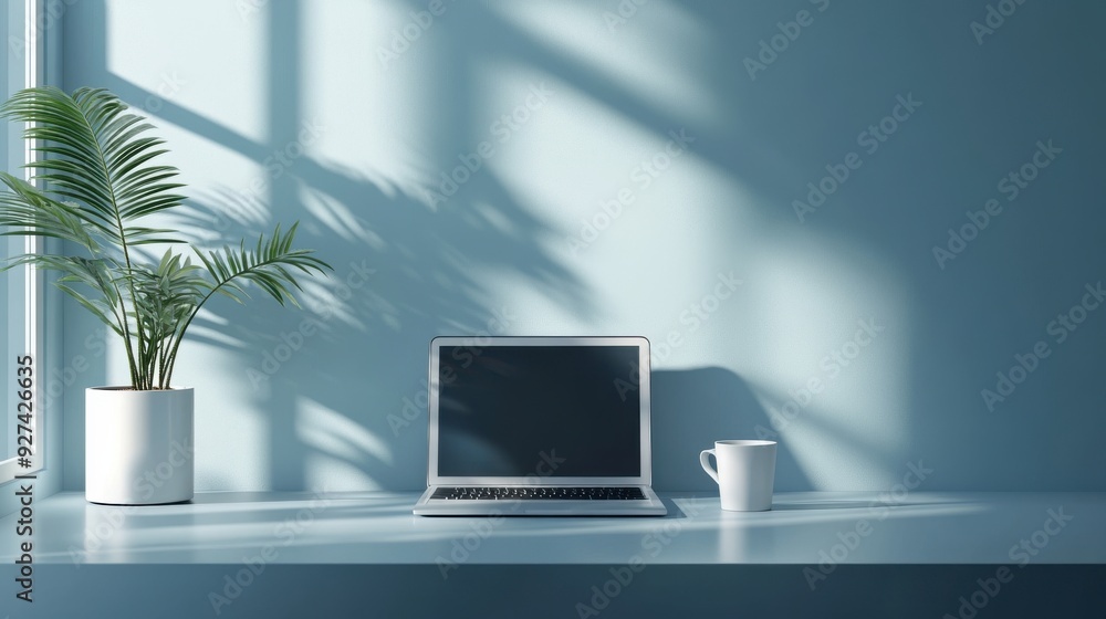 A minimalist workspace featuring a laptop, potted plant, and coffee mug on a desk, illuminated by soft natural light through a window. A minimalist workspace featuring a laptop, potted plant, and coffee mug on a desk, illuminated by soft natural light through a window.